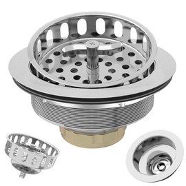 EXAKEY Kitchen Sink Drain 3-1/2 Inch Kitchen Sink Strainer Assembly with T-Shaped Strainer Basket and Drain Stopper for Standard Sink Brushed Stainless Steel