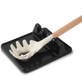 Ceramic Utensil Rest with Drip Pad for Multiple Utensils, Heat-Resistant, Spoon Rest & Spoon Holder for Stove Top, Kitchen Utensil Holder for Spoons, Ladles, Tongs & More (Black)