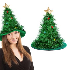 AUOCATTAIL Christmas Theme Green Tinsel Glitter Golden Five-pointed Star Christmas Tree Hats Christmas Holiday Novelty Party Costume Decoration Hat for Adults Kids