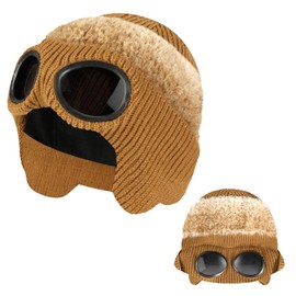 AYPOW Winter Thermal Beanie Hat Unisex, Windproof Knitted Warm Beanie Hat with Earflap Detachable Googles, Stretchy Wooly Hats Skull Cap for Outdoor Skiing Running Cycling Men and Women Gifts Brown