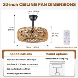 20" Boho Ceiling Fans with Lights and Remote Control,Rattan Caged Fandelier Fan Lighting,6-speed Low Profile Ceiling Fan,Quiet Flush Mount Ceiling Fan with Light for Bedroom,Kitchen,Dining,Nursery
