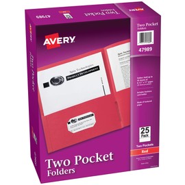 Avery Two Pocket Folders, Holds up to 40 Sheets, Business Card Slot, 25 Red Folders (47989)