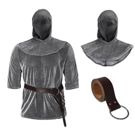 MCJC Medieval Knight Imitative Chain Mail Costume, Renaissance Armor Shirt with Hood and Belt, Gray