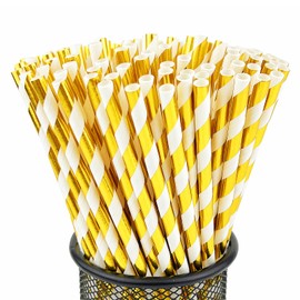 YAOSHENG Paper Straws for drinking, Pack 100 Gold Striped Paper Straws for Cocktail Party Supplies,Birthday,Wedding,Bridal/Baby Shower,Juice,shakes,Smoothies
