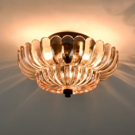 HYDELITE Modern Black Flush Mount Ceiling Light 3-Light Close to Ceiling Light Fixtures with Scalloped Amber Glass Shade for Living Room Entryway