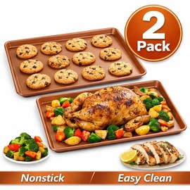 Ihanini Set of 2 Nonstick Copper Baking Sheets, 11" x 16" Cookie Sheet Pan, Nonstick Copper Coating Bakeware for Cookies, Roasting & Baking, Easy Clean, Durable & Even Heat Distribution