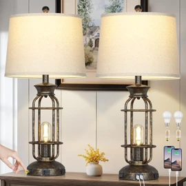 28" Vintage Table Lamps for Living Room, Industrial Farmhouse Table Lamp with USB C+A Ports & Outlet, Rustic Nightstand Bedside Lamps with 2 Night Light for Bedroom End Tables Bronze, 4 Bulbs Included