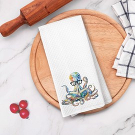 VRW Funny Coastal Beach Octopus Kitchen Dish Towels, Funny Octopus Reading Book Hand Tea Towels for Kitchen Bathroom Decorations, Book Lovers Reader Bookish Towels Gifts for Women, 16x24 Inches