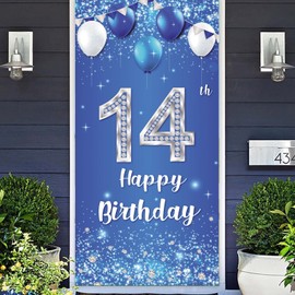 COOSOAR Happy 14th Birthday Banner Backdrop Balloons Crystal Glittery Stars Confetti Theme Decor for Boys and Girls 14th Birthday Party Cheers to 14 Years Party Bday Supplies Gift Silver and Blue