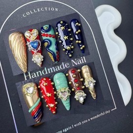 100% 5D Handmade Press on Nails with Heart Charms Long Stiletto Nails Press ons Gorgeous False Nails Rhinestones Press on Nails Handmade Nails for Women Girls Daily Wear DIY Manicure Size L