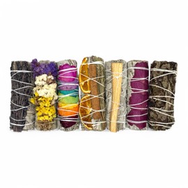 7 Smudge Bundles Gift Set with White Sage (Salvia Apiana), Lavender, Tricolor Sinuata, 7 Chakra Petals, Orange, Cinnamon, Rosemary, Palo Santo, Red Petals & Yerba Santa.