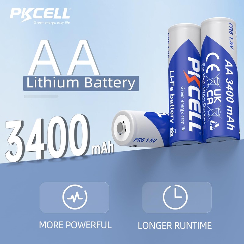 PKCELL 12 Pack Lithium Batteries AA 3400mAh High Capacity Long