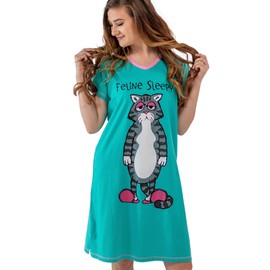 Lazy One Women's Nightgown, Funny V-Neck Sleep Shirt for Women, Cat Pajama Tee (Feline Sleepy, S/M)