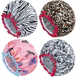 Premium Double Layer Waterproof Shower Cap Set (Pack of 4) – Reusable Luxury Satin Bath Caps, Comfortable Elastic Hair Protector for Long, Thick, and Frizzy Hair