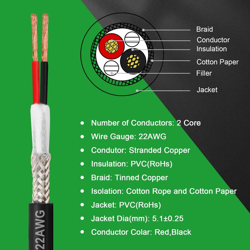 MOOKEERF 22/2 Shielded Wire 50FT,22AWG 2 Conductor Shielded Cable Stranded