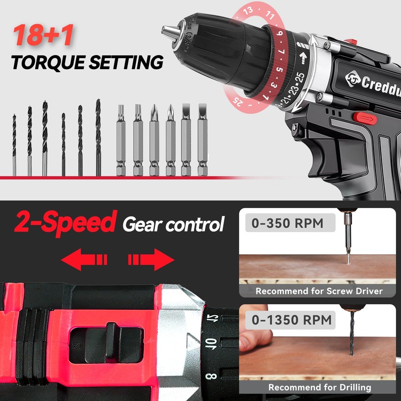 Creddux Cordless Drill Set 21v Power Drill Cordless With Battery