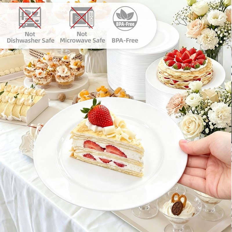 N9R 7 inch White Disposable Plastic Plates, 100PCS Dessert/Salad Plates