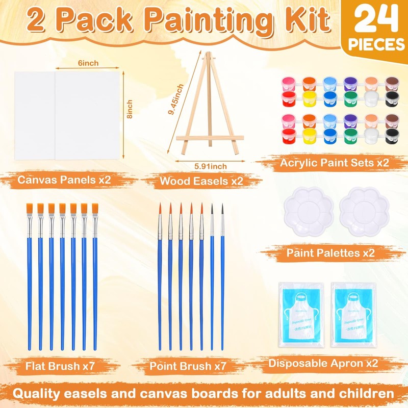 24 PCS Acrylic Paint Set, 2Pack Art Canvas with Easel