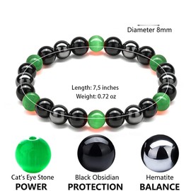 Cat'S Eye Bracelets，CLASS A QUALITY，Cat'S Eye And Obsidian Magnet Bracelets, Sunshine, Self-Confidence, Release Anxiety (Grade A,Green Opal Bracelet,10MM(7.8"))
