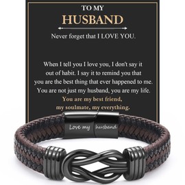 EYQV Husband Gifts, Engraved Leather Bracelet Gifts for Husband from Wife, Husband Birthday Gifts Christmas Gifts Valentines Gifts for Him