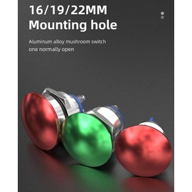 HBAN 16-22MM Mushroom Head Push Button Switch, Momentary Waterproof IP65 Metal Start Button- 1NO Press ON Release Off Mouting Domed Screw Terminal SPST 5A 250V (22mm, Red)