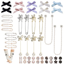 YiiHHooN Charms for Socks, 38 Pcs Multicolor Junk Sock Charms Pins, Bow Pearl Rhinestone Safety Brooch Pins Sock Jewelry Charm for Women Junk Socks Clothing Shirt Sweaters Shawl