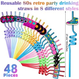 Vesici 80s Party Decor Retro Straw Hip Hop Theme 80s Party Silly Drinking Straws I Love Radio Boombox Mobile Phone Decorations for Adults, 8 Colors and Styles(48 Pcs)
