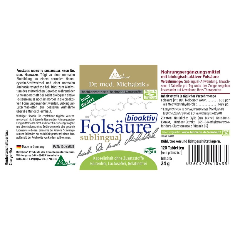 Dr. Michalzik Bioactive Folic Acid (Vitamin B9) – 120 Tablets