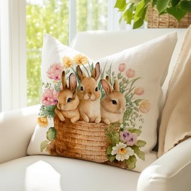 ARGOOFG Easter Pillow Covers 18x18 Inch Bunny Tulip Daffodil Throw Lumbar Pillow Cover Basket Flowers Rabbits Cushion Case Spring Outdoor Indoor Decor for Sofa Couch