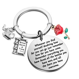 Lywjyb Birdgot Movie Inspired Gift Belle Rose Charm Keychain Fairytale Jewelry Motivational Gift (beauty and beast key)