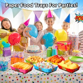 Supervitae 60 Pcs Hero Party Paper Food Trays Hero Theme Birthday Party Decorations Food Boat Treat Snack Boats Disposable Serving Containers for Birthday Baby Shower Supplies, 6 Designs