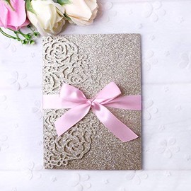 ponatia 20 PCS 3 Folds 5x7'' Wedding Invitations Cards with Envelopes Ribbons for Wedding Bridal Shower Engagement Birthday Graduation Invite (Gold Glitter)