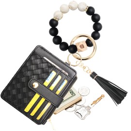 COOLANS Wristlet Bracelet Keychain Pocket Credit Card Holder Purse Tassel Keychain Bangle Key Ring for Women (Silicone Bead Bracelet+Card Purse (Black))