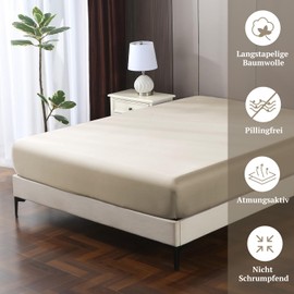 SOULFUL Satin Fitted Sheet 180 x 200 cm Cotton, 100% Long Staple Cotton Flat Sheet Fitted Sheet up to 25 cm Mattress Height Suitable for Allergy Sufferers, Oeko-Tex Certified Oatmeal