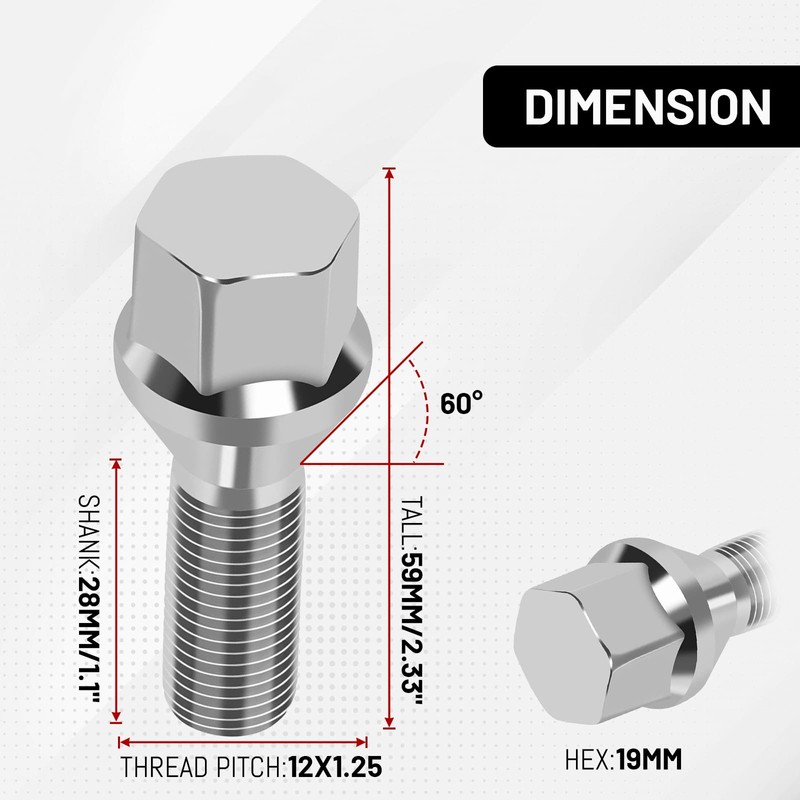 M12x1.25 Stock Wheel Lug Bolts Endxedo 20PCS 28MM Shank 19MM