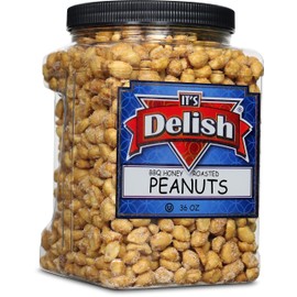 BBQ Honey Roasted Peanuts by It's Delish, 36 Oz Reusable Jumbo Container | Gourmet Peanut Nuts in Honey Sugar Coating and Barbecue Seasoning, Sweet & Savory Nut Snack - Vegan, Kosher Parve