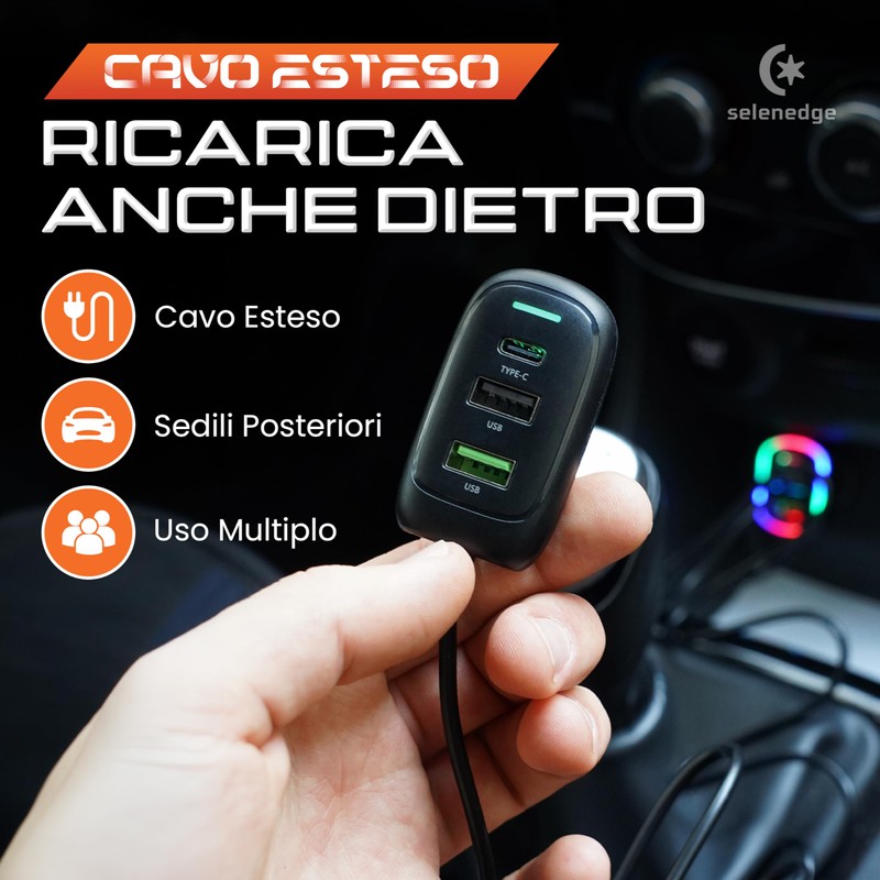 Generico Caricabatterie Auto USB C con Cavo Esteso per Sedili