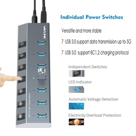 Hub USB 3.0, WAVLINK 7 puertos alimentado USB 3.0 hub de carga de 48 W, 5 V/2.4 A cada puerto con interruptores individuales indicador LED, extensión USB para laptop, MacBook, iMac, PC, unidades flash USB