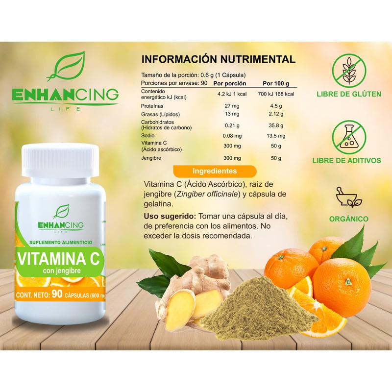 VITAMINA C + JENGIBRE | 90 CÁPSULAS DE 600mg (HASTA