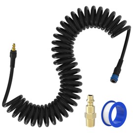 Air Compressor Hose, CGELE 1/4 In x 28 Ft Coiled Air Hose for Compressor Polyurethane Air Hose with Bend Restrictor 1/4" NPT Steel-Plastic Composite Quick Connect Fittings,Black