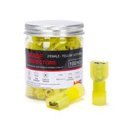HKS 100PCS Nylon Female Spade Quick Disconnect Connector - Yellow 12-10 AWG Electrical Wire Connectors Kit - Tinned Copper - Cold-Pressed Wire Terminal Automotive Crimp Insulated