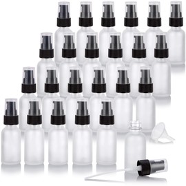 JUVITUS 1 oz / 30 ml Frosted Clear Glass Boston Round Bottle with Black Treatment Pump (24 pack) + Funnel