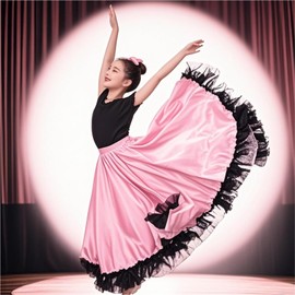 OZJABC Girls Long Dance Skirt Stain Swing Skirt for Girls Flamenco Mexican Dance (US, Age, 8 Years, 12 Years, Pink)