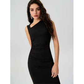 CIDER Women's Cocktail Dress Asymmetrical Neck Ruched Formal Dresses Bodycon Long Maxi Wedding Guest Dresses for Summer Black