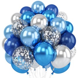 Blue Silver Balloons Set, 12 Inch Blue and Silver Balloons Dark Navy and Confetti Party Latex Balloon, Macaron Metallic Baby Blue Mixed Balloon for Birthday Graduation Baby Shower Wedding Retirement