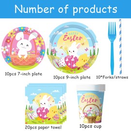 70PCS Easter Themed Tableware, Easter Party Tableware Set, Rabbit Themed Party Tableware, Includes Plates Cups Napkins for 10 People