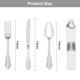 Bestluck 100 Pack Silver Plastic Silverware with Pre Rolled Napkins for 100 Guests, Heavyweight Silver Disposable Utensils Sets Includes 300 Plastic Cutlery, and 100 Napkins for Wedding & Party