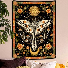 Aipon Orange Moth Tapestry Boho Retro Floral Flowers Tapestries Aesthetic Vintage Mushroom Tapestry Bedroom Indie Small Tapestry Wall Hanging for Living Room Dorm (30.00'' × 40.00'', Orange)