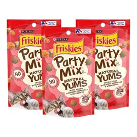 Purina Friskies Party Mix Natural YUMS Cat Treats, Made with Real Salmon with Added Vitamins, Minerals & Nutrients, for Adult Cats, 2.1 OZ Pouch (Pack of 3)