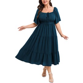 SCOMCHIC Women's Plus Size Summer Dresses Square Neck Short Sleeve A Line Wedding Guest Cocktail Boho Flowy Maxi Dress Lake Blue